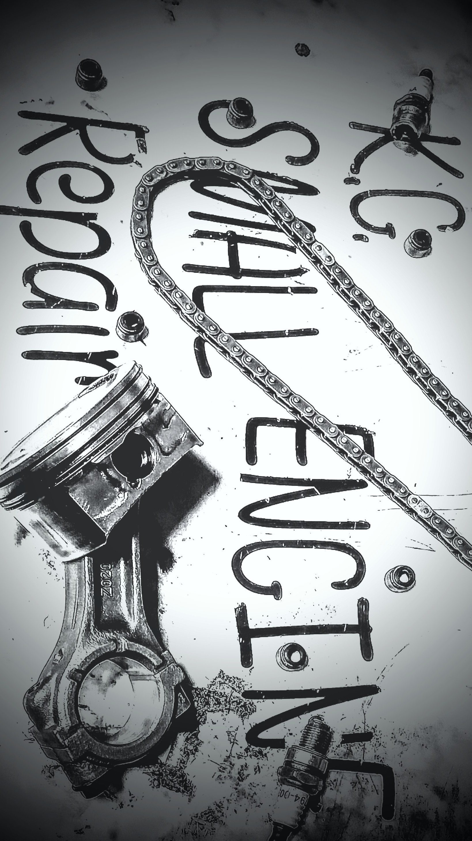 K.G. Small Engine Repair artwork: the shop name spelled out around a piston, chain and spark plugs