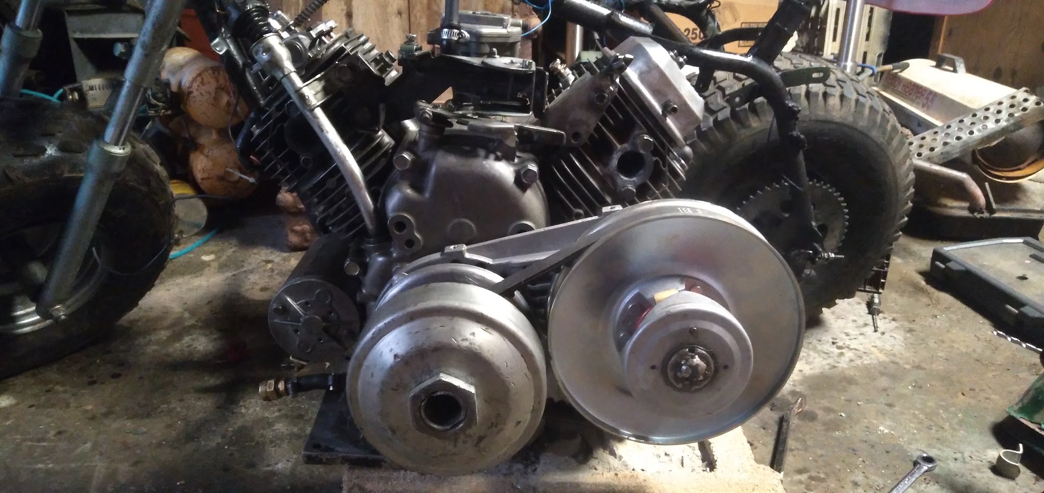 A twin-cylinder engine with a drive clutch on my workbench